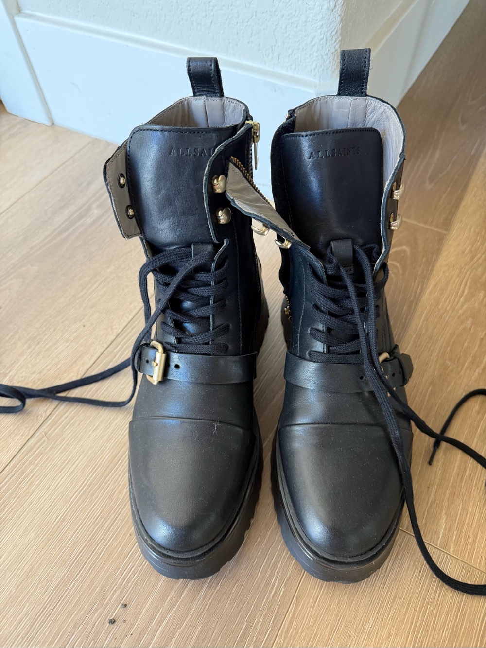 All Saints Stellar Cap Toe Black Leather Combat Boots - sz 37